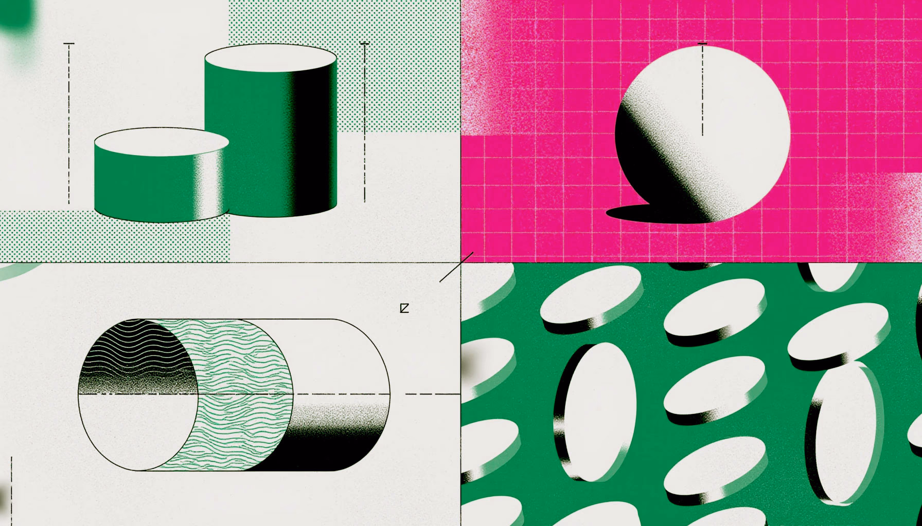 Illustration of cylinders, a sphere, and coins in four panels, symbolizing asset and stock sale structures for QSBS