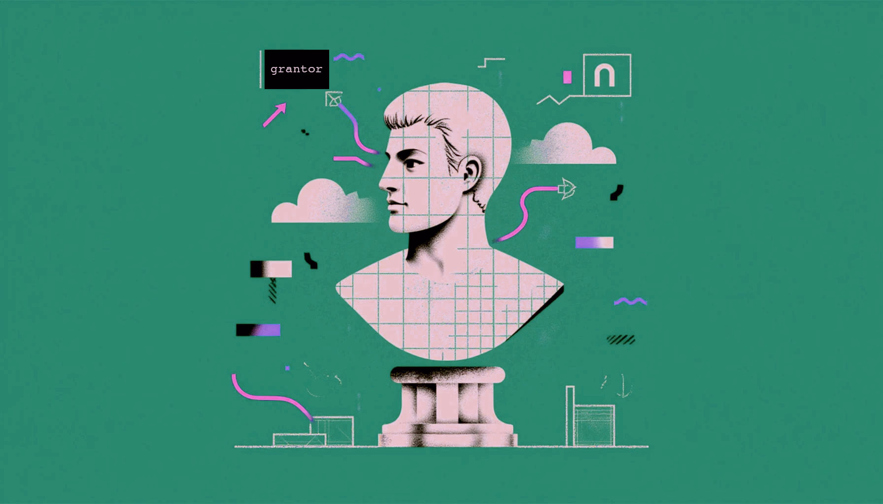 Illustration of a classical bust labeled 'grantor' with abstract symbols, representing non-grantor trust concepts