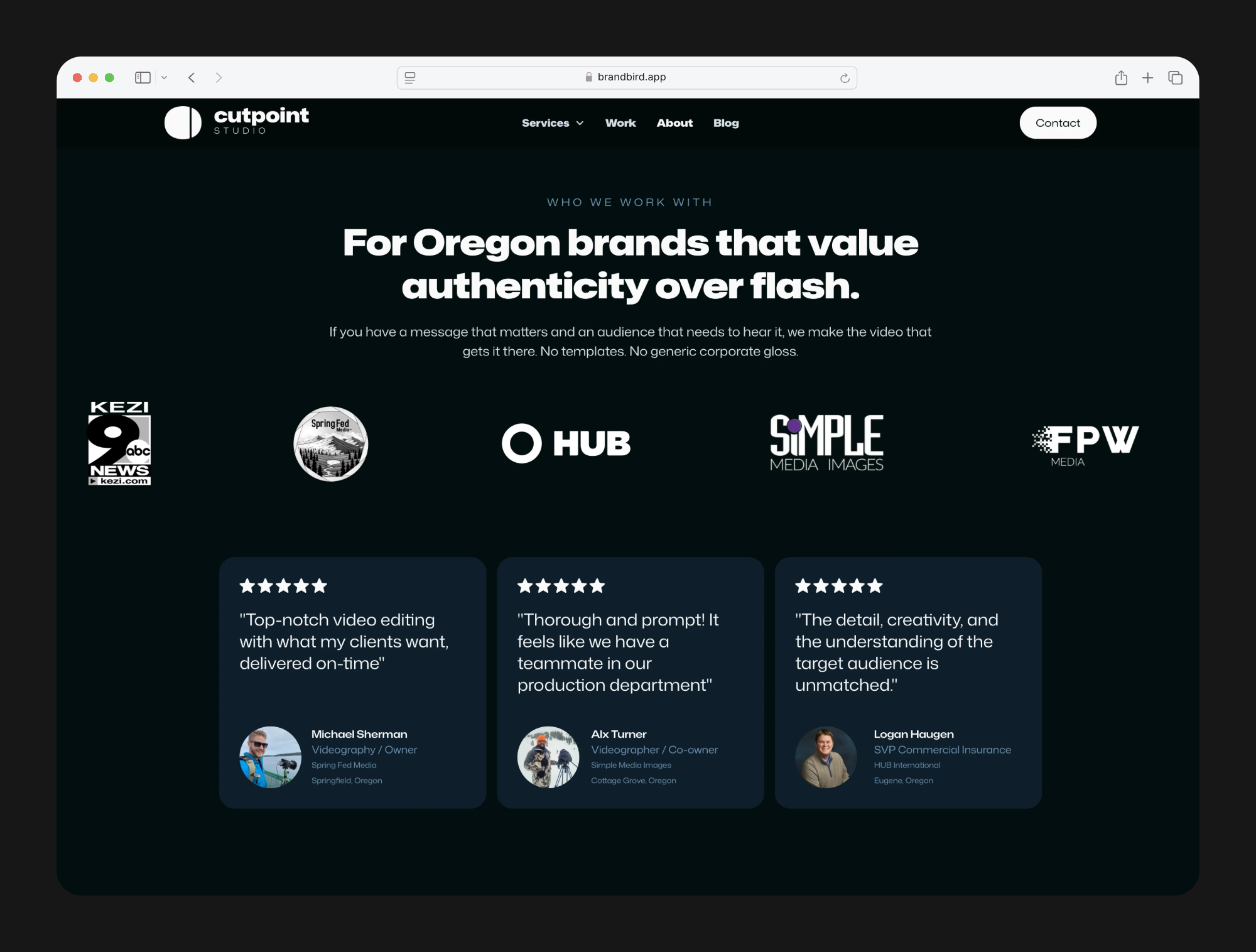 The official homepage for Cutpoint Studio, previously A Video Maker, featuring companies such as KEZI, Spring Fed Media, HUB International, Simple Media Images, FPW Media