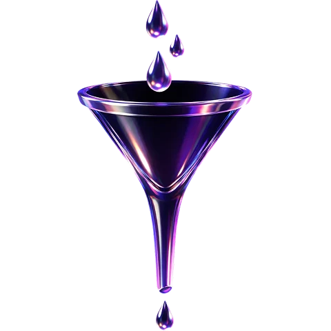 Purple translucent funnel with liquid droplets falling into and out of it.