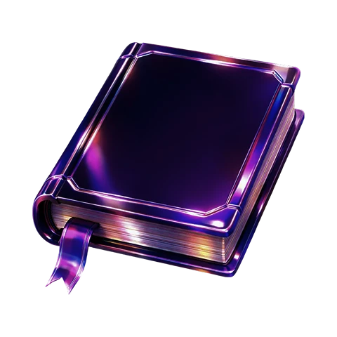 Closed book with shiny purple cover and matching purple ribbon bookmark.