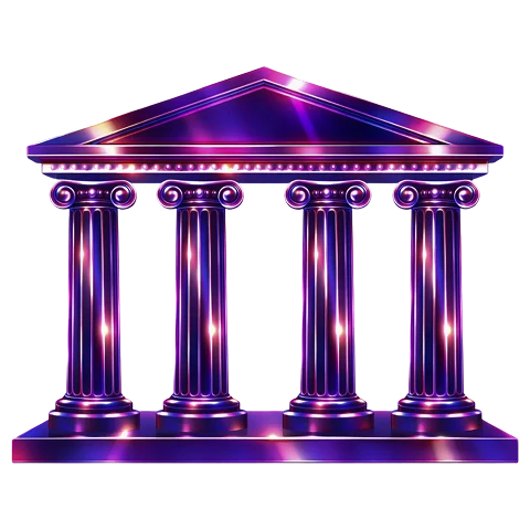Purple glowing icon of a classical temple with four fluted columns and a triangular pediment.