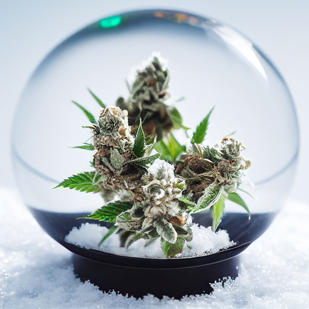 Cannabis buds inside a snow globe