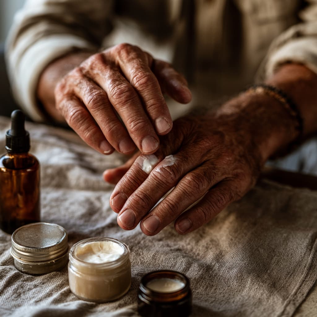Cannabis topical cream, tincture, and flower arranged for comfort and recovery.