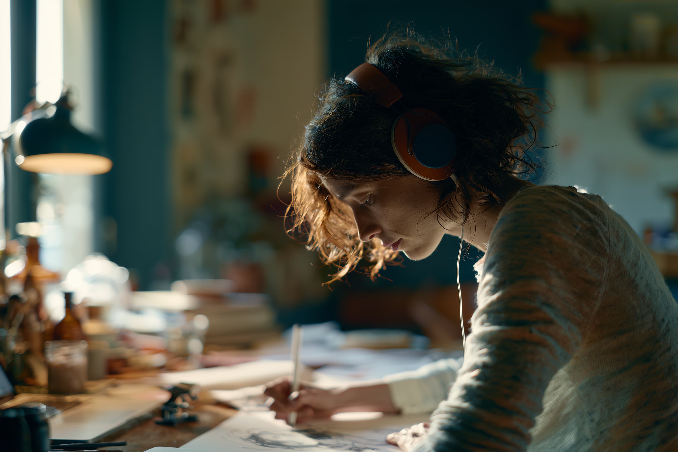 Person absorbed in creative work during a focused session