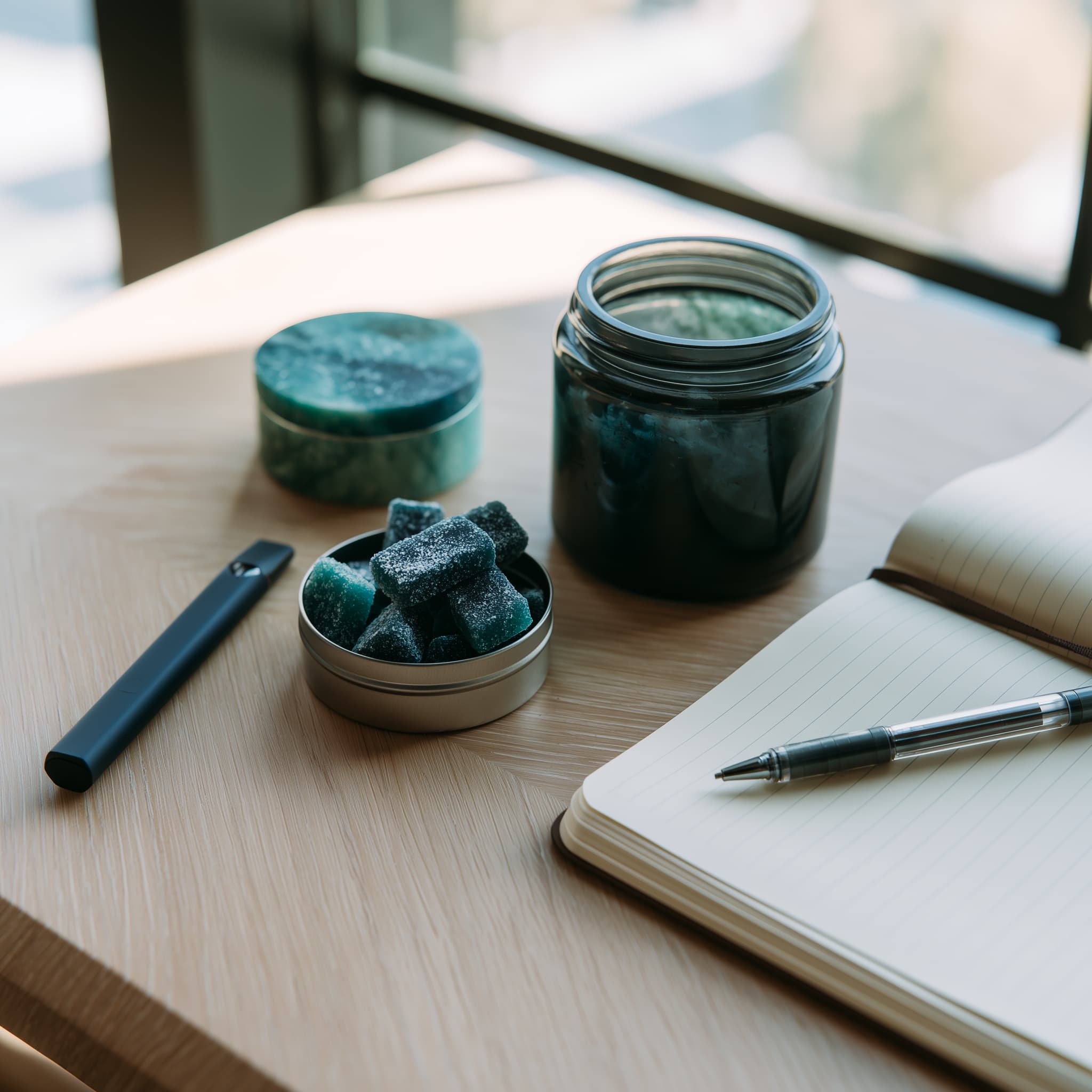 Cannabis focus products including sativa flower, a vape, and low-dose gummies on a desk