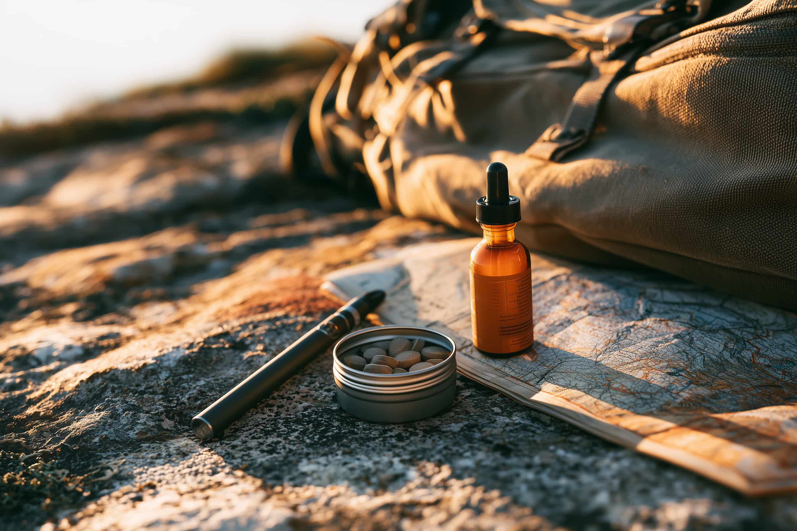 Packable cannabis products for active use: a vape, energy gummies, and a tincture at a trailhead