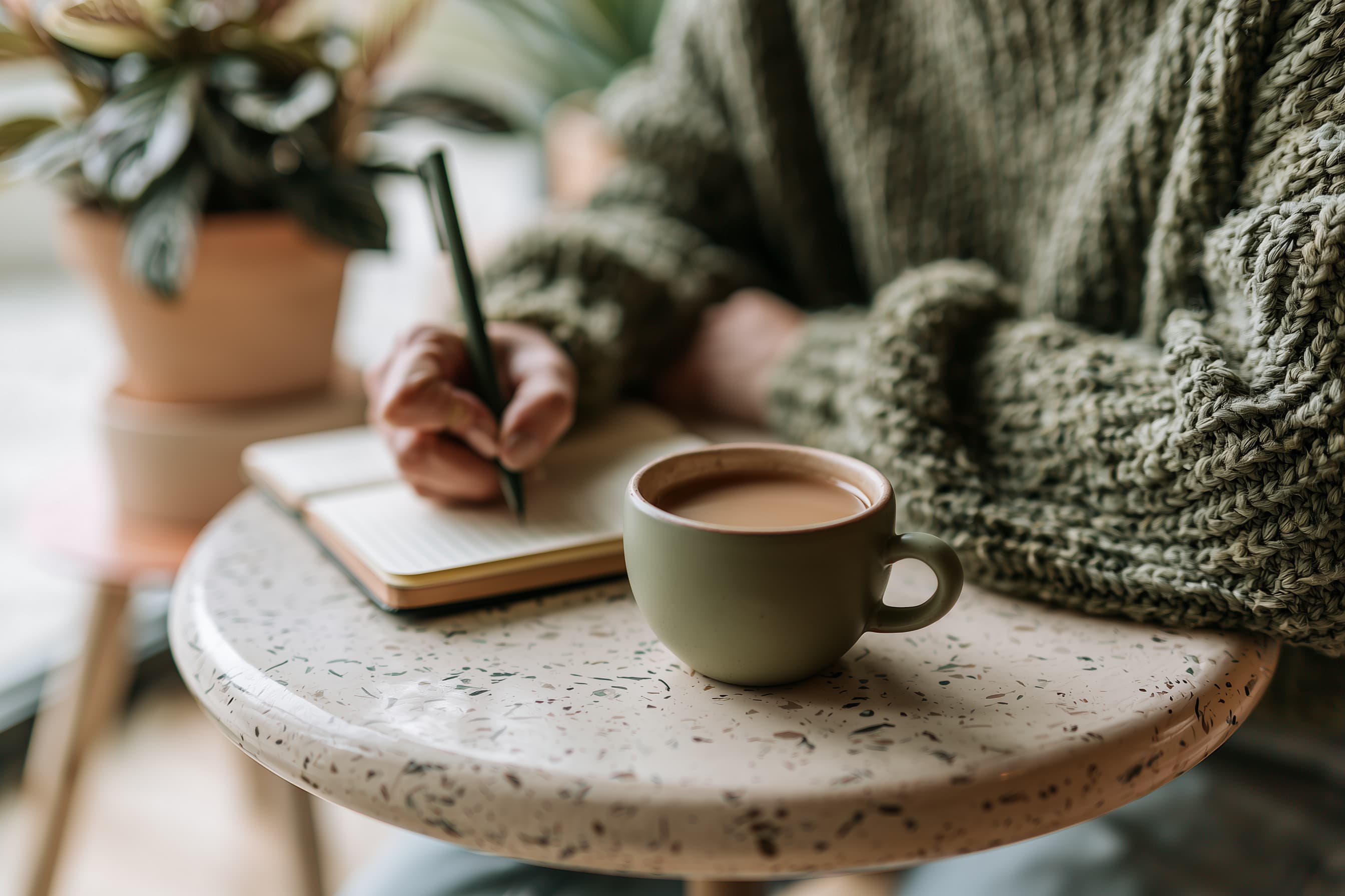 Person taking a mindful break with tea and a journal in daylight