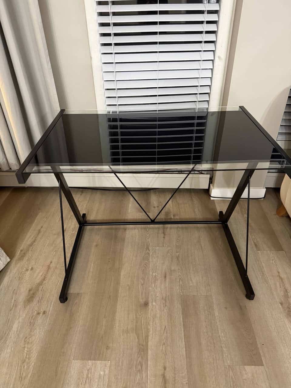 Glass metal desk assembly
