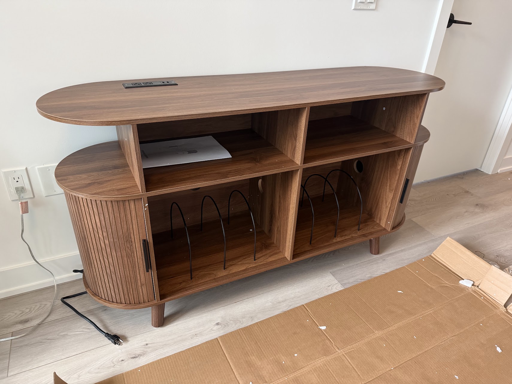 Walnut Media Console With Record Storage Assembly