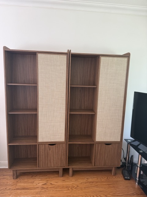 Walnut Rattan Bookcase Set Assembly