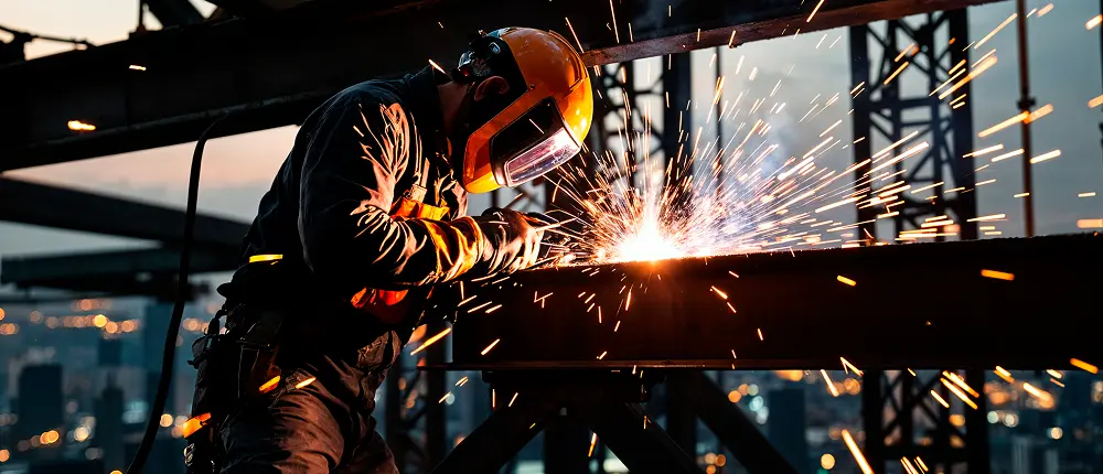 Welder in an orange helmet welding steel beams with sparks flying