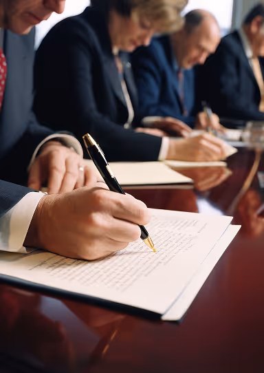 Four business professionals seated in a row signing documents on a polished table.