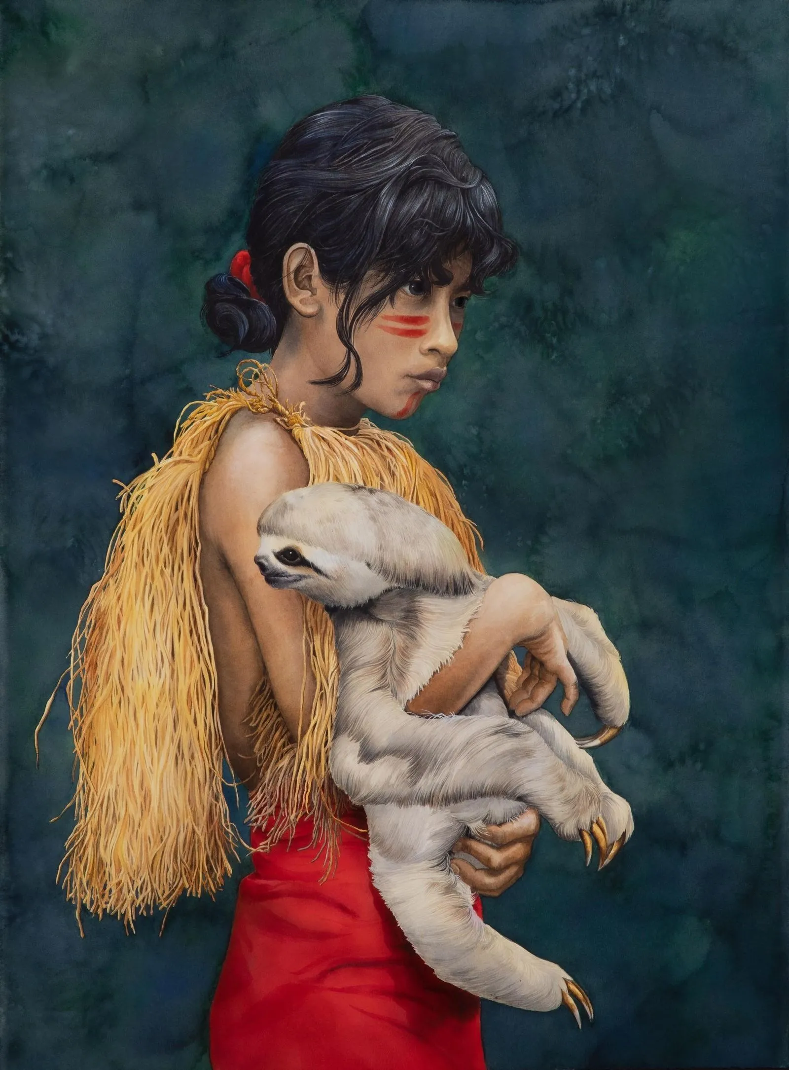 Watercolor of a native girl holding a sloth