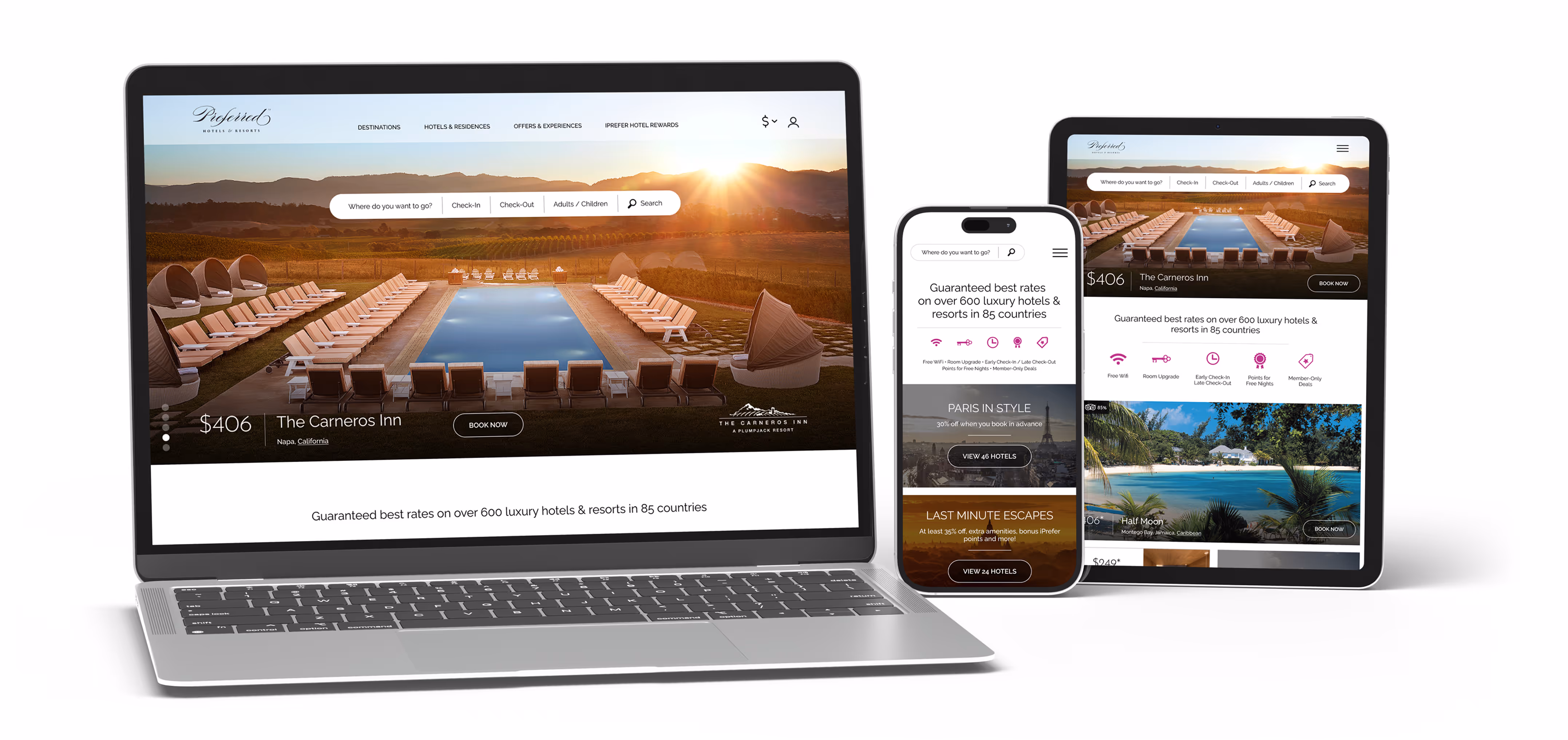 Laptop, smartphone, and tablet displaying a luxury hotel booking website with poolside lounge images and booking options.