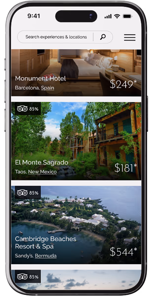 Mobile screen displaying a travel app with hotel listings including Monument Hotel in Barcelona for $249, El Monte Sagrado in Taos, New Mexico for $181, and Cambridge Beaches Resort & Spa in Bermuda for $544, each showing an 85% rating.