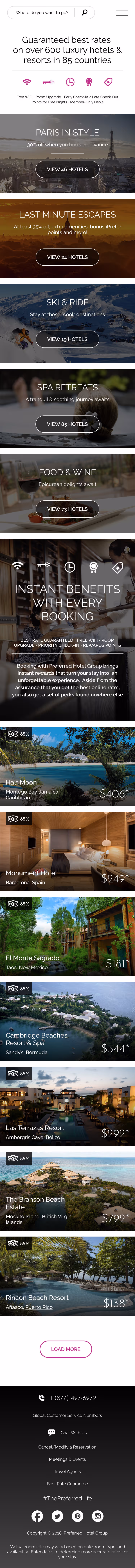 Mobile webpage showing luxury hotel deals with sections for Paris, last minute escapes, ski & ride, spa retreats, and food & wine, plus listed hotel prices and benefits.