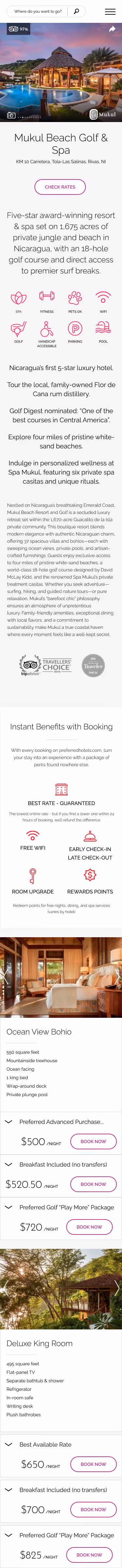 Mukul Beach Golf & Spa resort pool area with thatched-roof cabanas and surrounding tropical greenery at sunset.