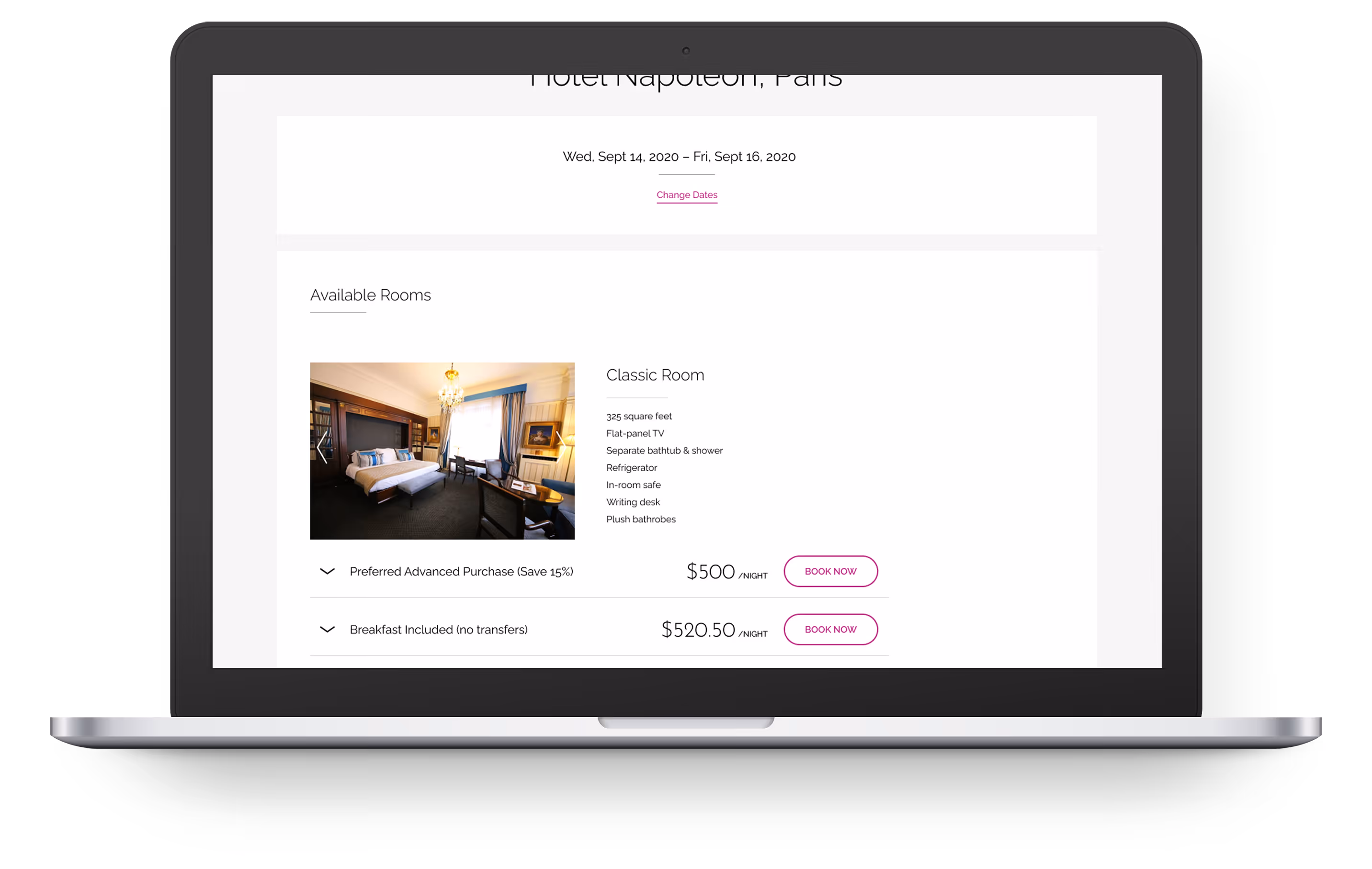 Hotel booking page on laptop screen showing available Classic Room with a bed, desk, and chandelier, priced at $500 and $520.50 per night with booking options.