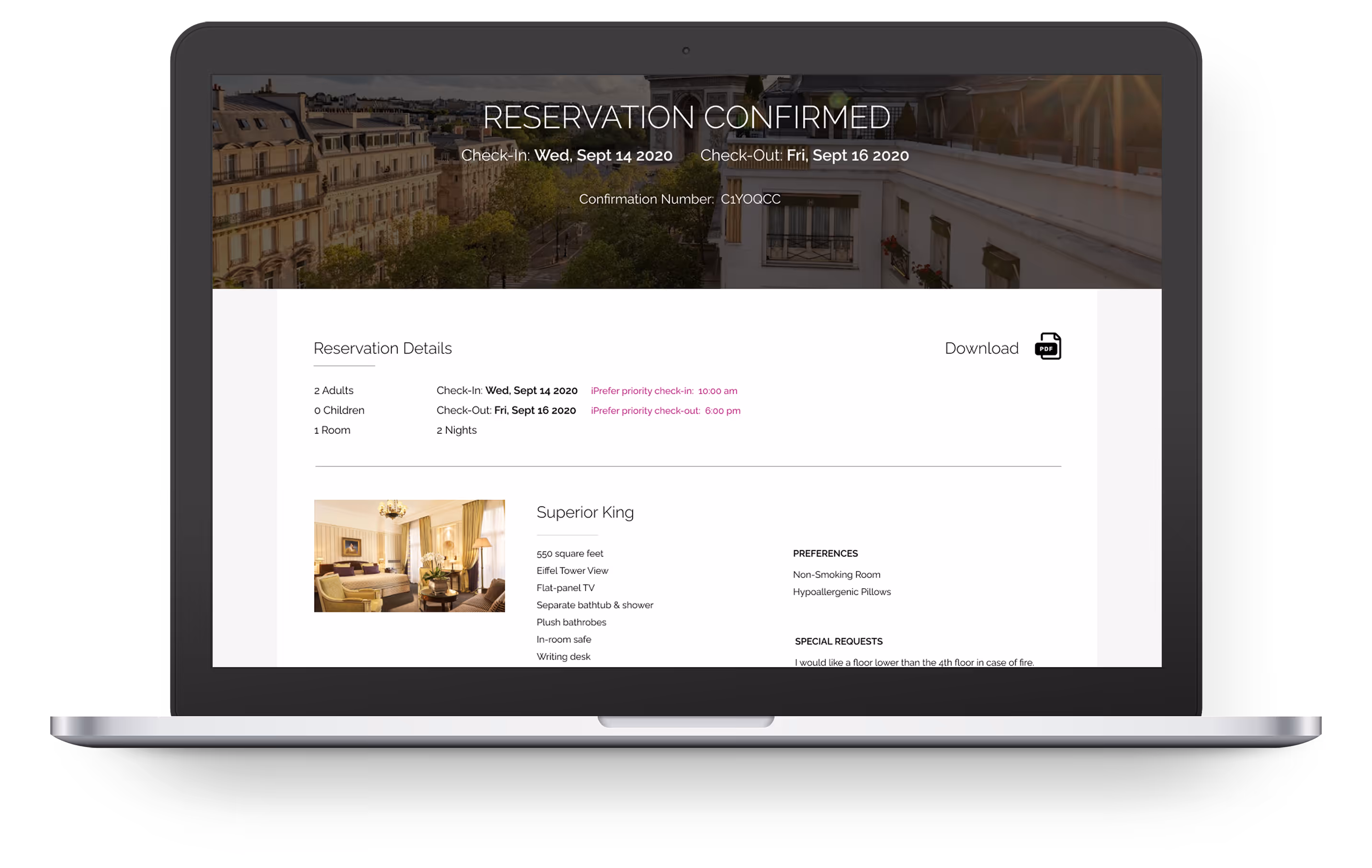 Laptop screen showing a hotel reservation confirmation for a Superior King room with check-in on Wed, Sept 14, 2020, check-out on Fri, Sept 16, 2020, including guest and room details.