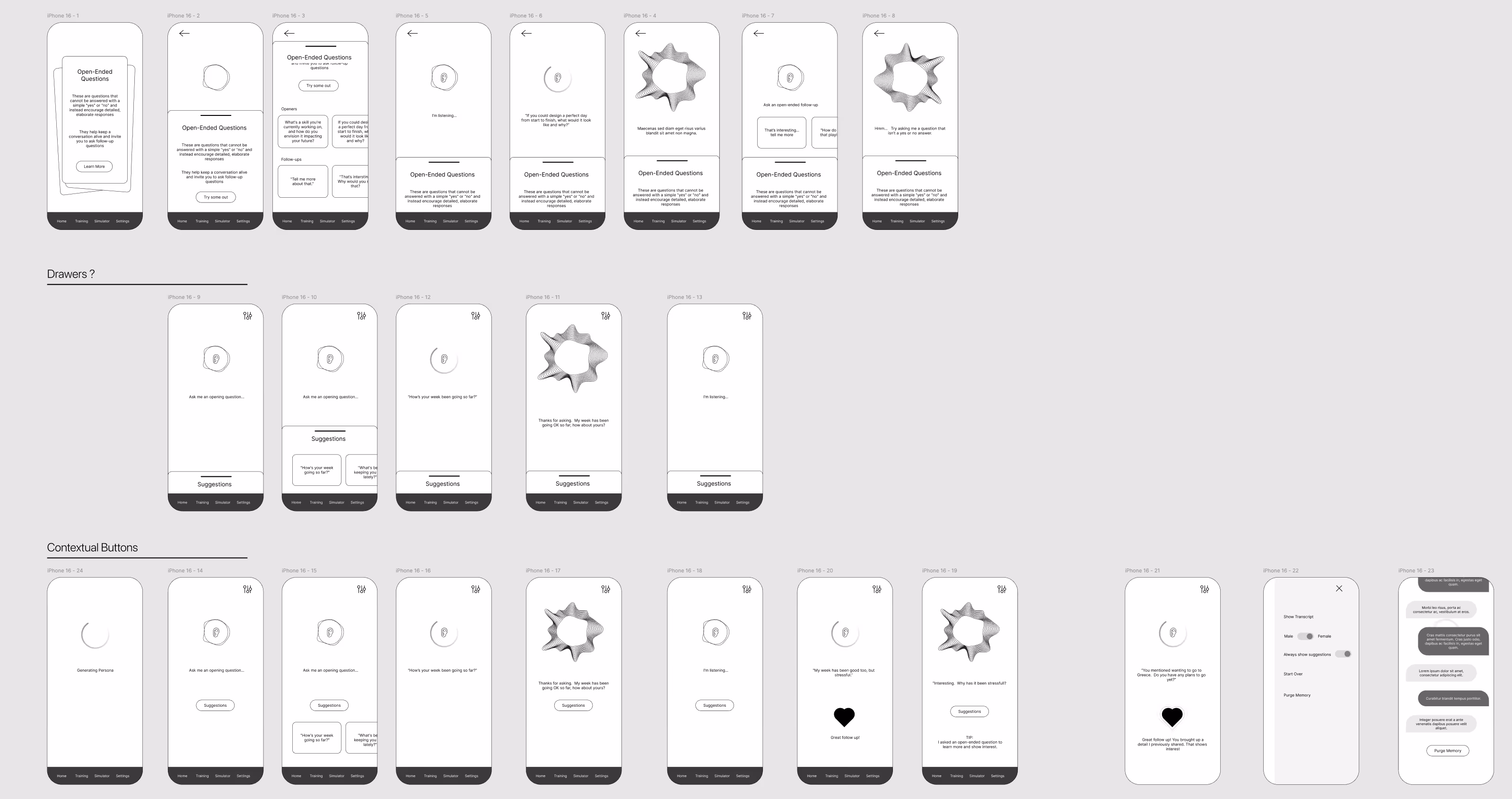 Wireframe mockups of a mobile app interface showing screens for open-ended questions, drawers with suggestions, and contextual buttons including a heart icon and purge memory option.