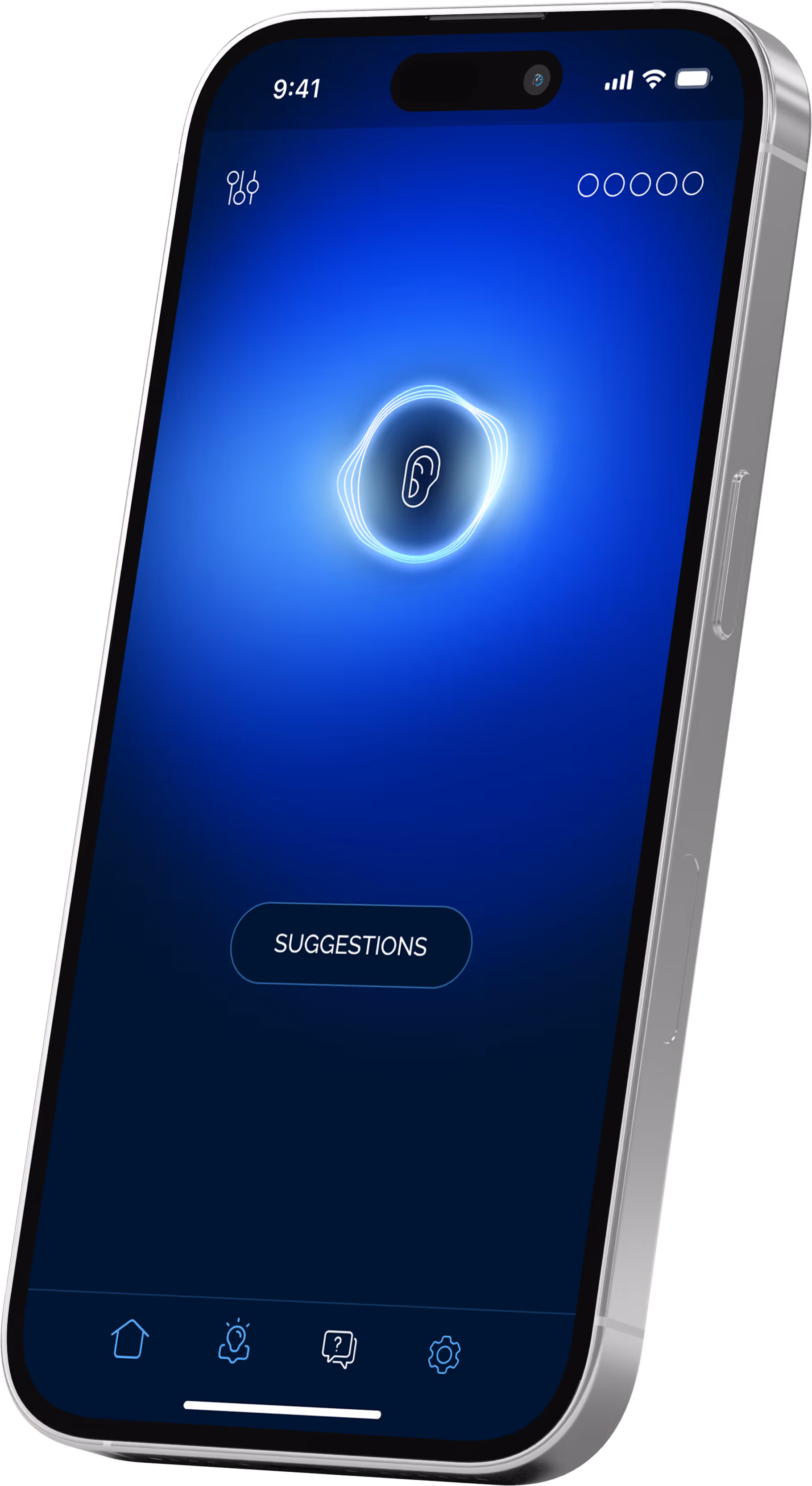Smartphone displaying a blue screen with an ear icon in the center and a button labeled 'SUGGESTIONS'.