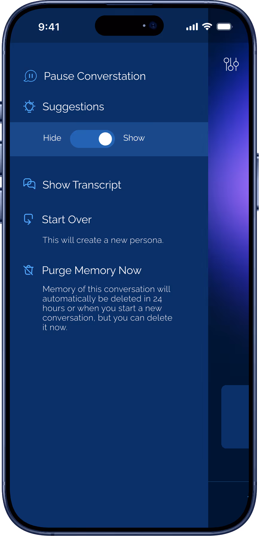 Smartphone screen showing chat settings menu with options to pause conversation, toggle suggestions, show transcript, start over, and purge memory now.