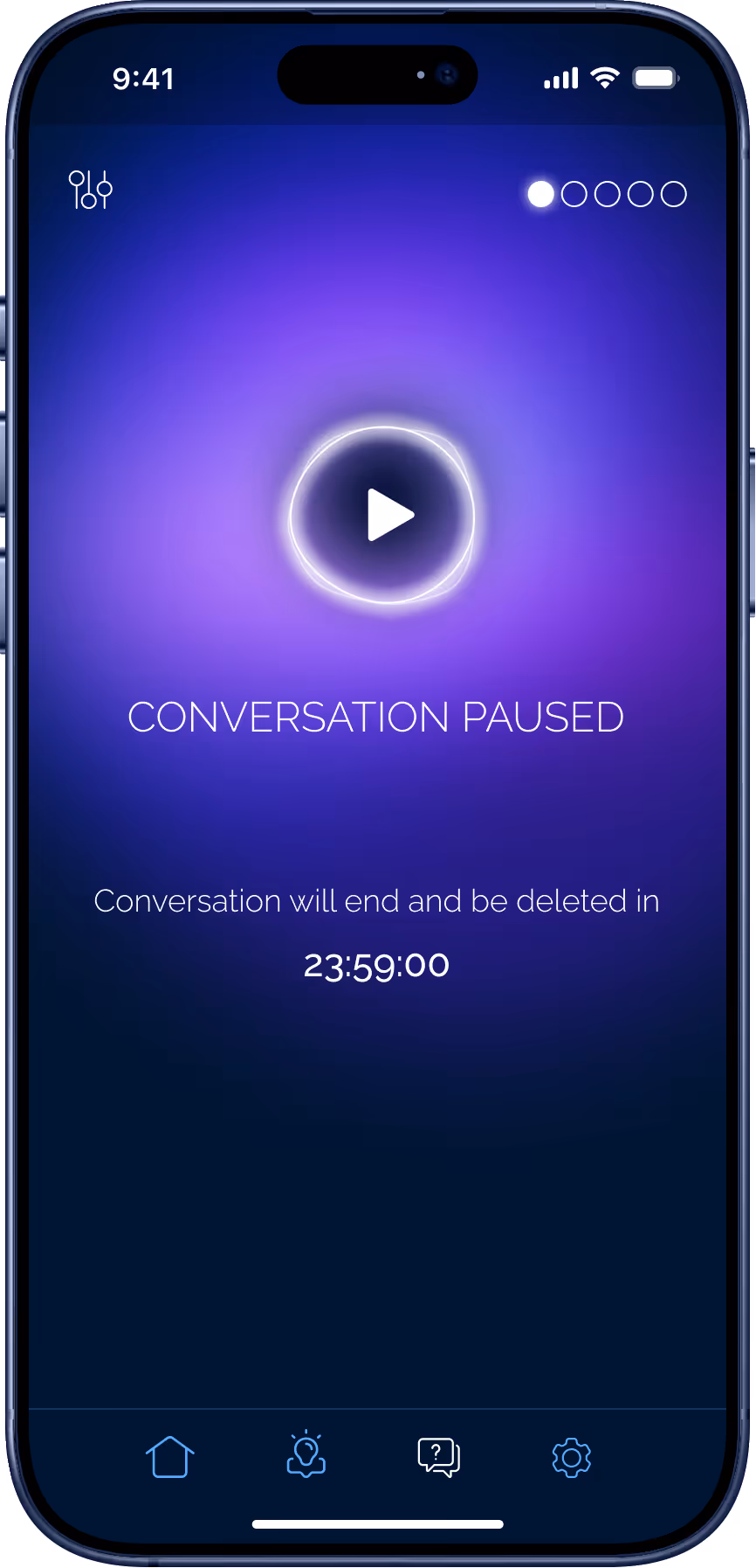 Smartphone screen showing a paused conversation with a countdown timer set to 23:59:00 indicating when the conversation will end and be deleted.