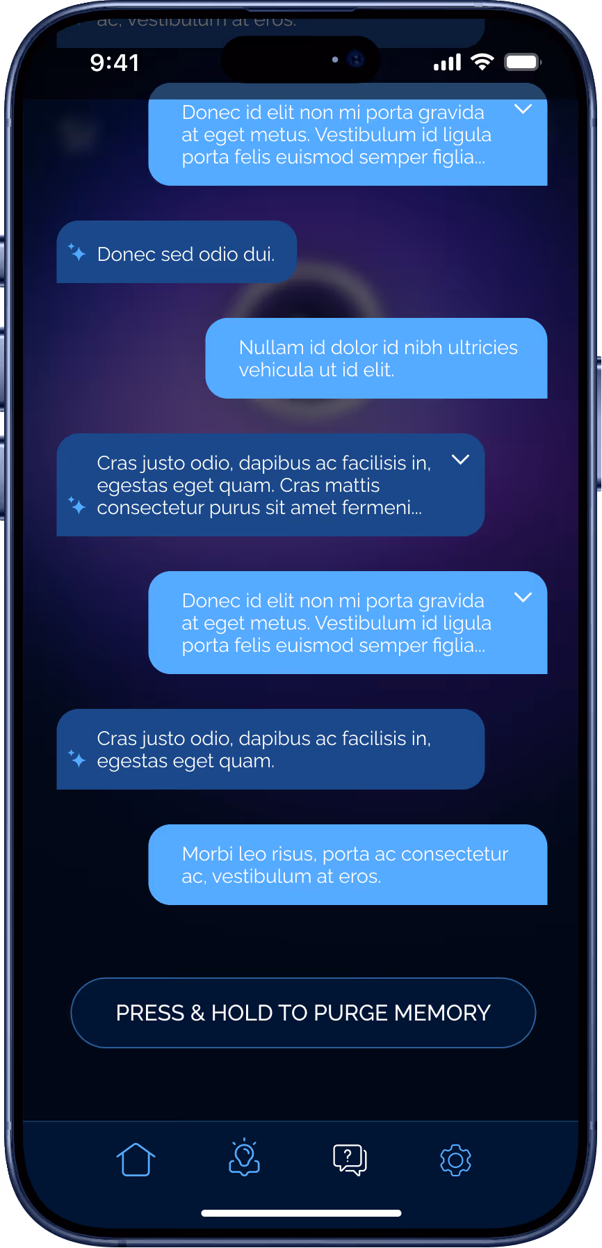 Smartphone screen showing a chat conversation with alternating blue and dark blue message bubbles and a button labeled 'PRESS & HOLD TO PURGE MEMORY' below.