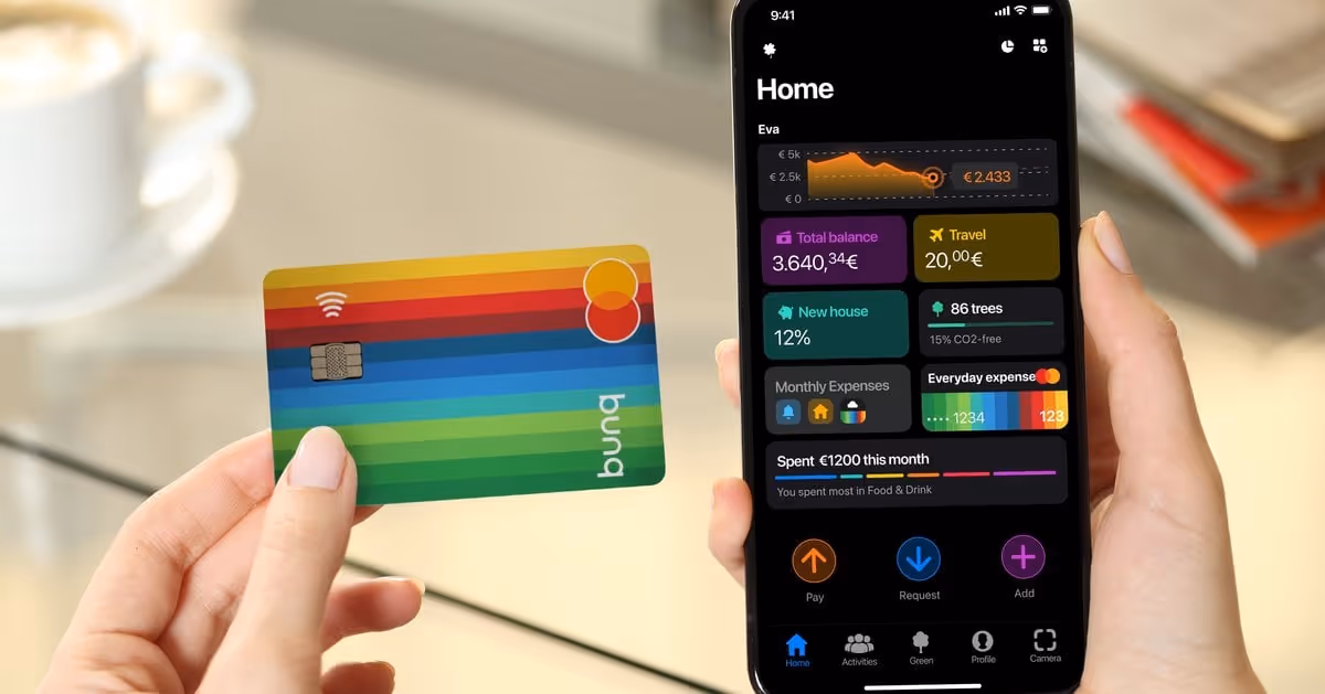 Hand holding a colorful bunq bank card next to a smartphone displaying the bunq app home screen with balance, expenses, and buttons for Pay, Request, and Add.