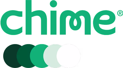 Chime logo with stylized green text and a series of five overlapping green to white circles below.