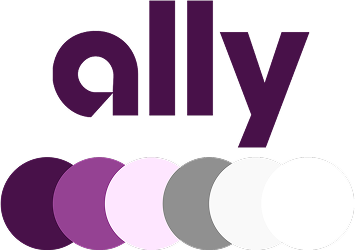 Ally company logo in dark purple above a row of six circles showing its brand colors from dark purple to white.