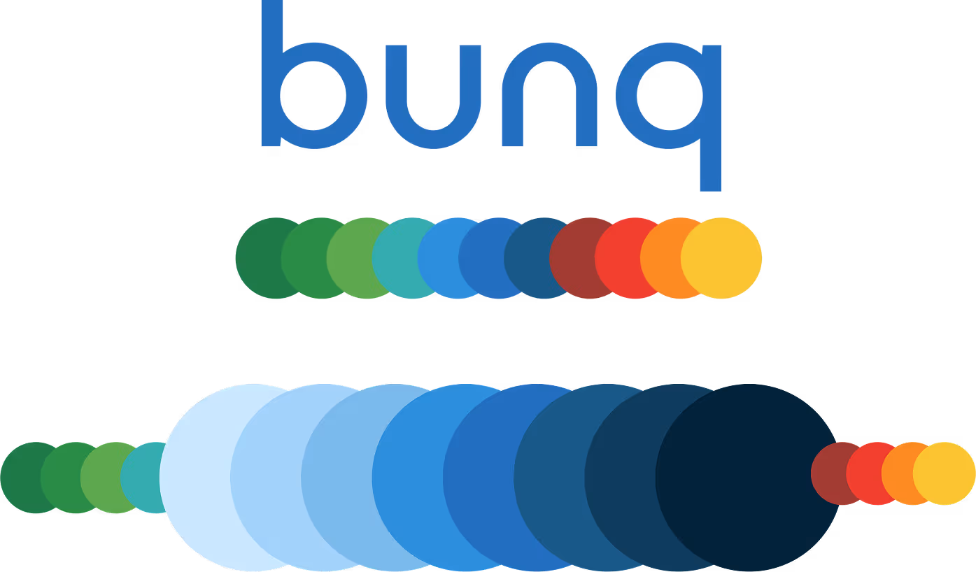 Bunq logo in blue above two horizontal rows of overlapping colored circles showing a gradient color palette from green through blue to red and yellow.