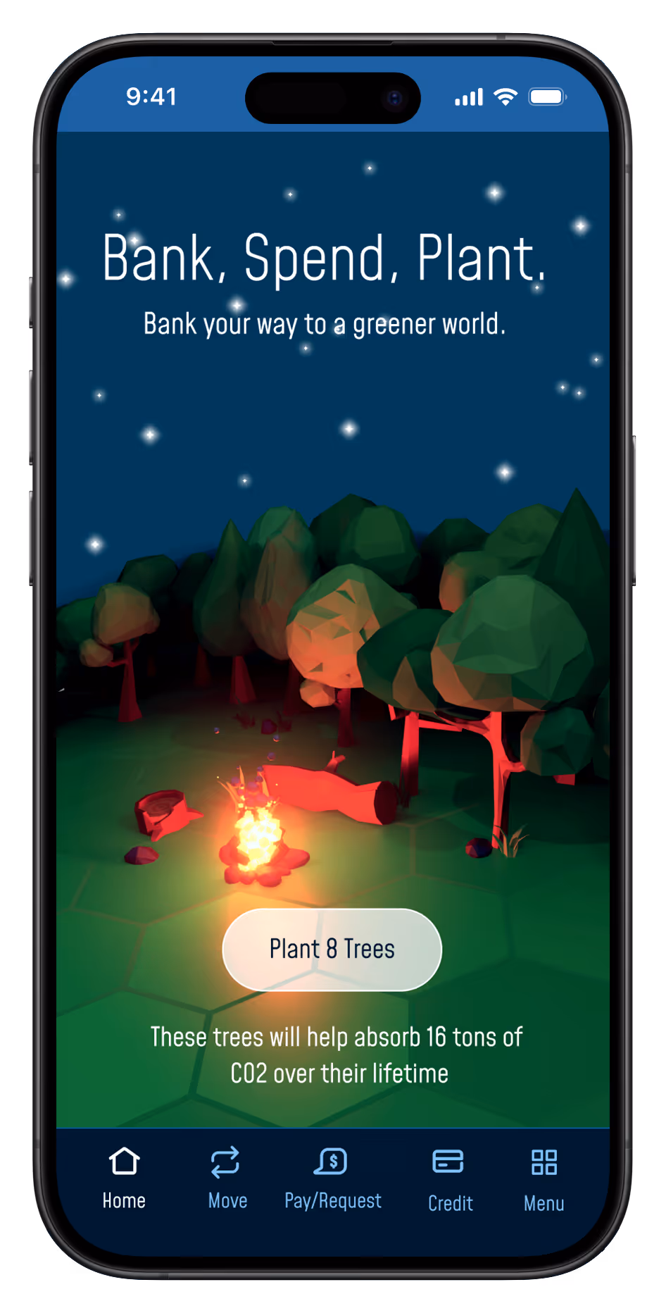 Mobile banking app screen showing message 'Bank, Spend, Plant' with a low-poly forest and campfire illustration, and a button labeled 'Plant 8 Trees' indicating trees will absorb 16 tons of CO2.