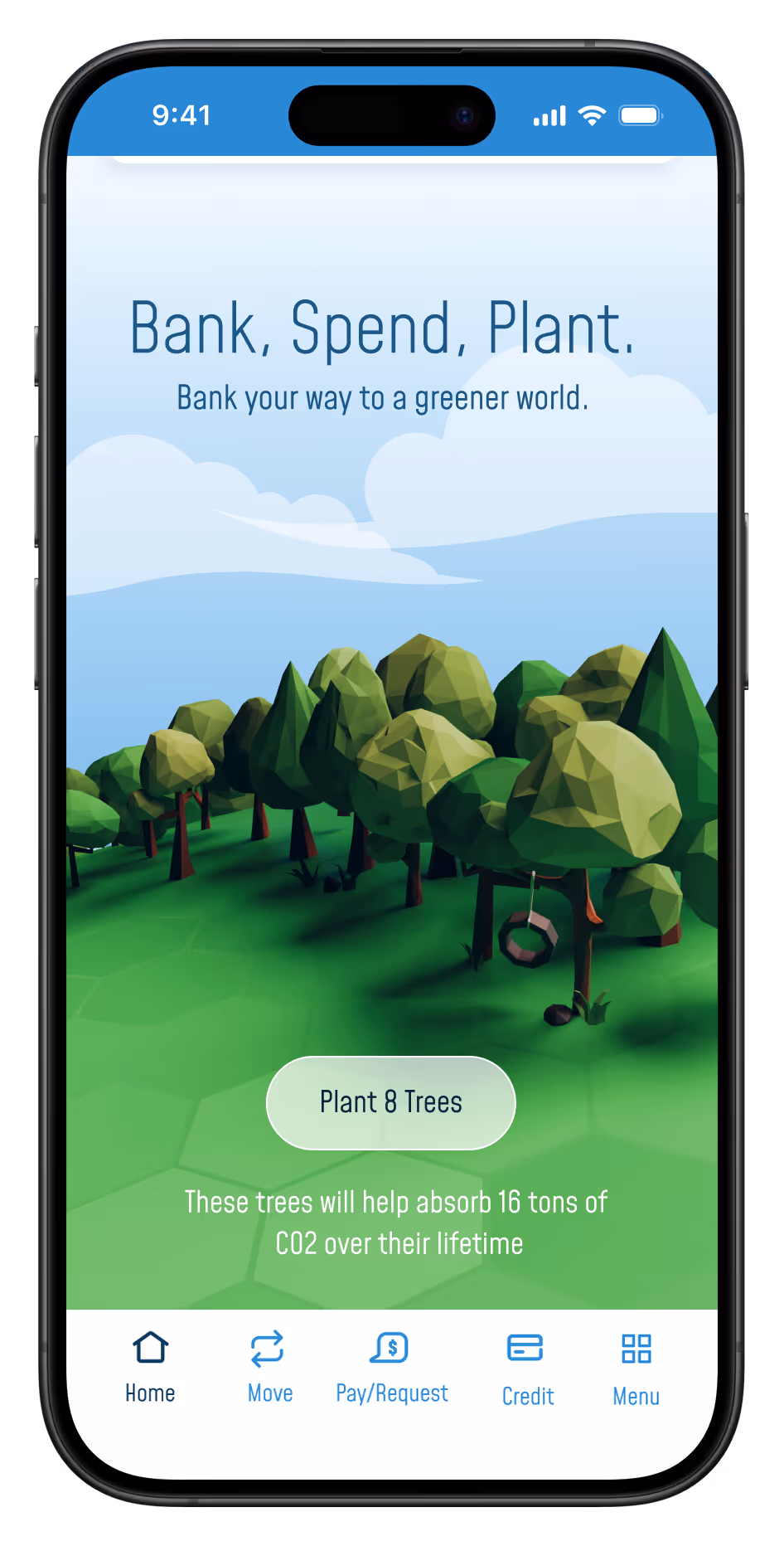 Mobile app screen with low-poly trees promoting planting 8 trees to absorb 16 tons of CO2 over their lifetime.