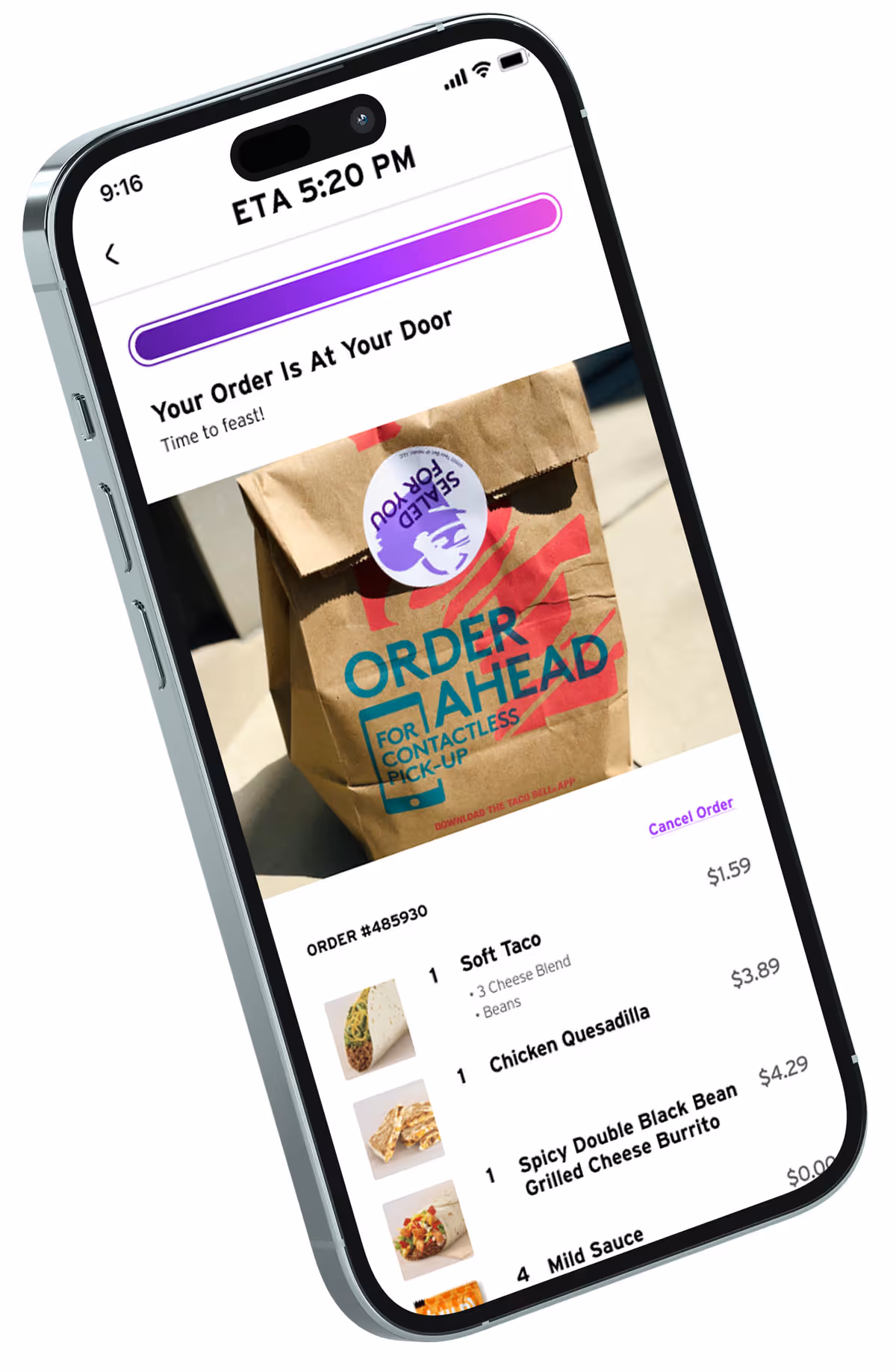 Smartphone screen showing food delivery order with estimated arrival at 5:20 PM, displaying a brown paper bag with a sealed food sticker and order details including soft taco, chicken quesadilla, and spicy double black bean grilled cheese burrito.
