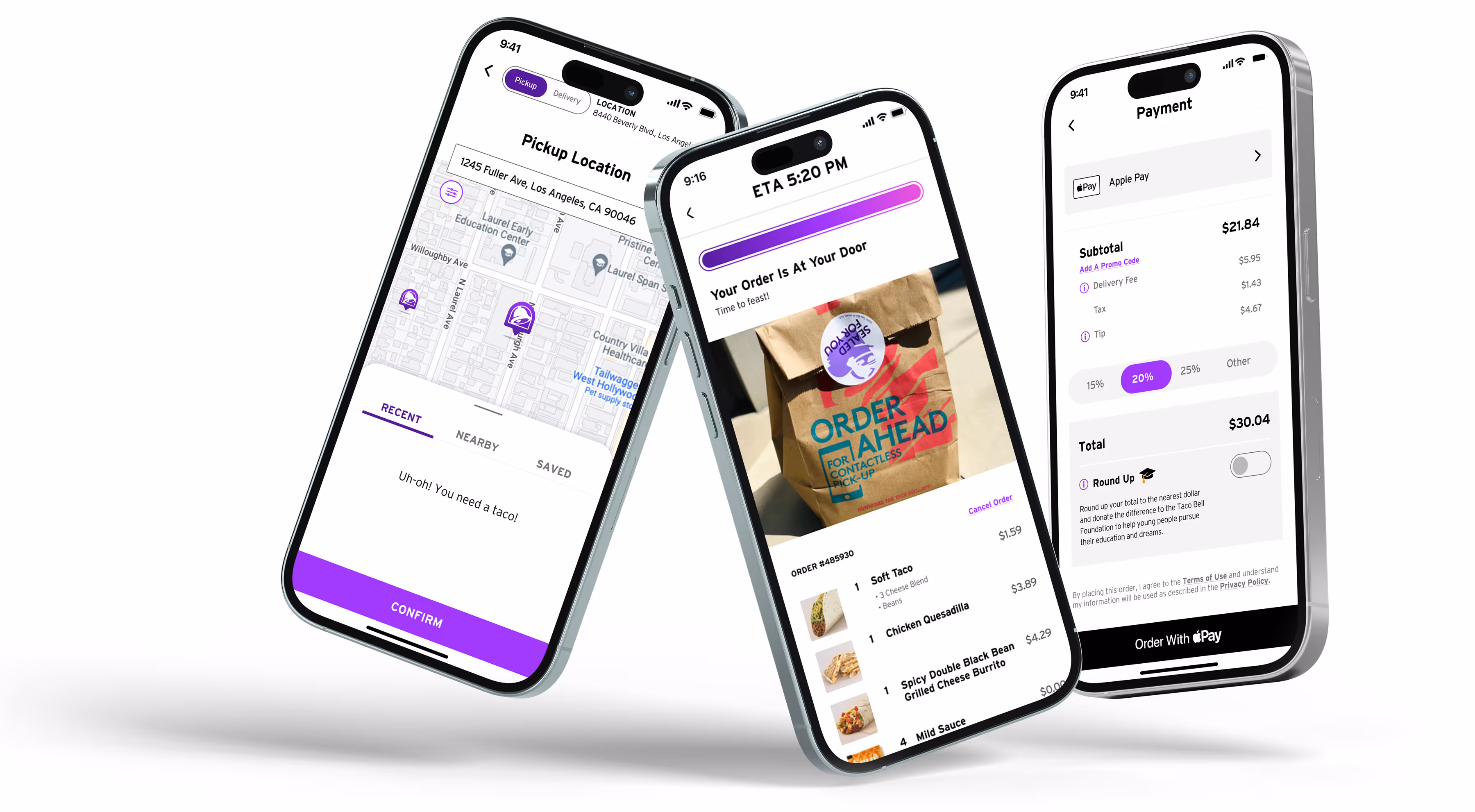Three smartphones displaying a food delivery app with pickup location map, order details, and payment screen.