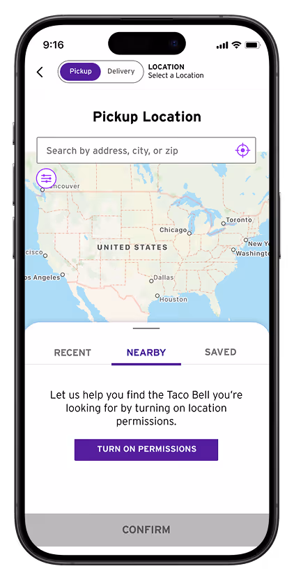 Mobile app screen showing a US map for selecting Taco Bell pickup location with a prompt to turn on location permissions.