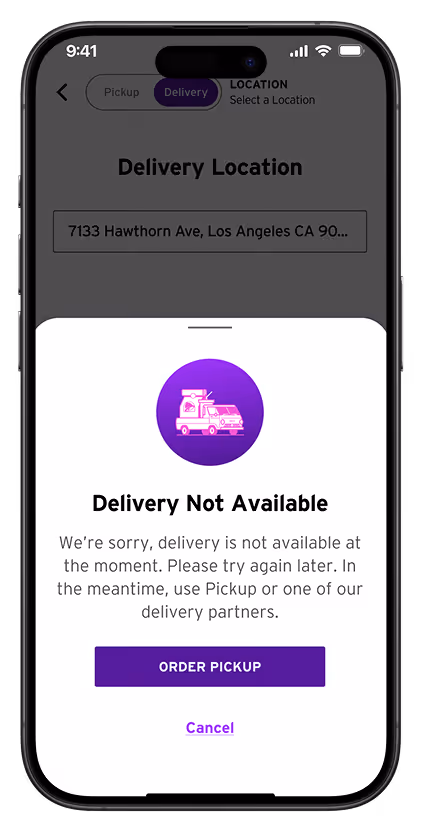 Mobile screen showing a delivery app interface with a message stating delivery is not available at the entered address and offering an option to order pickup or cancel.