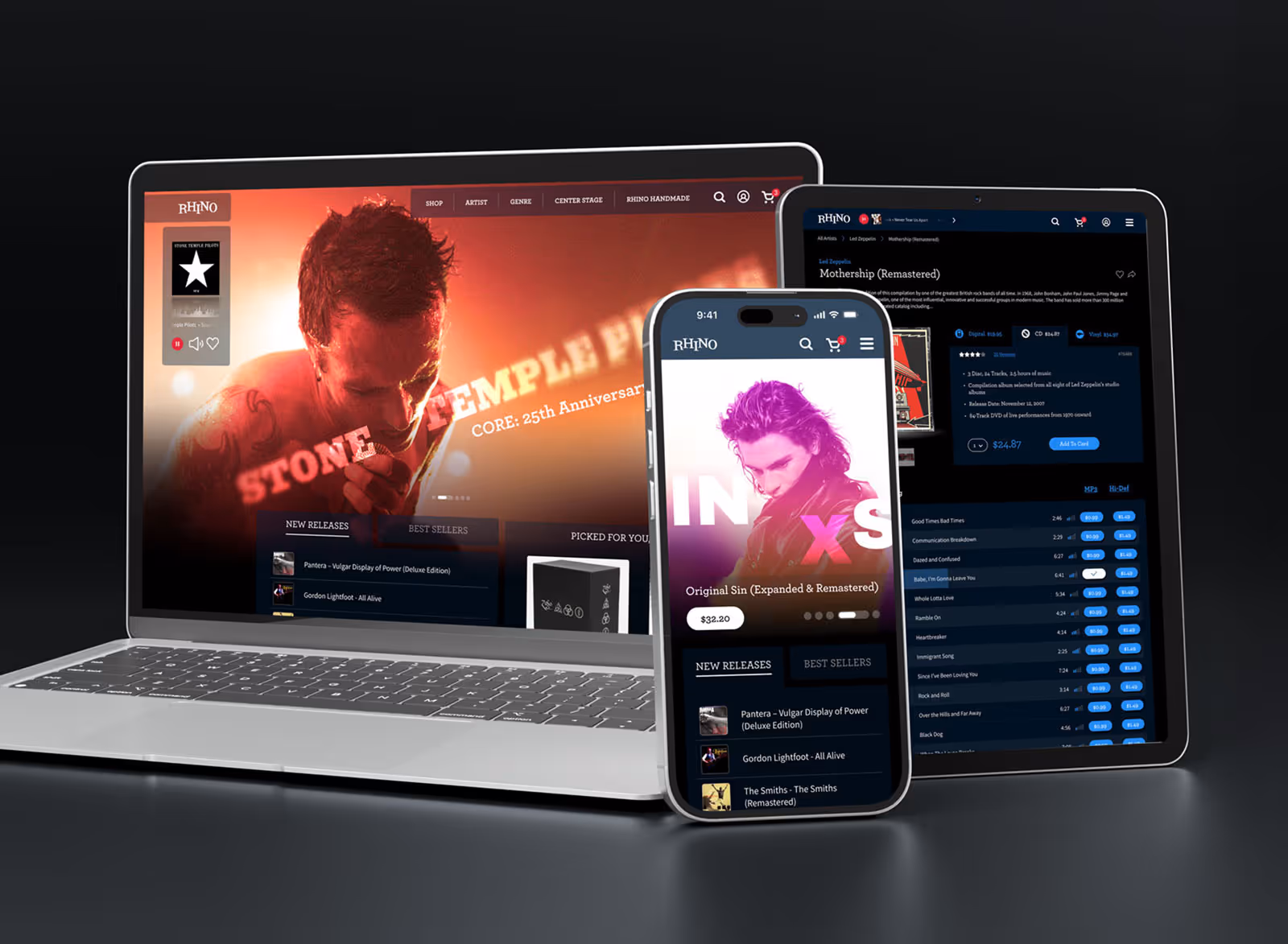 Laptop, smartphone, and tablet displaying a music streaming app with album covers and playlists on a dark background.