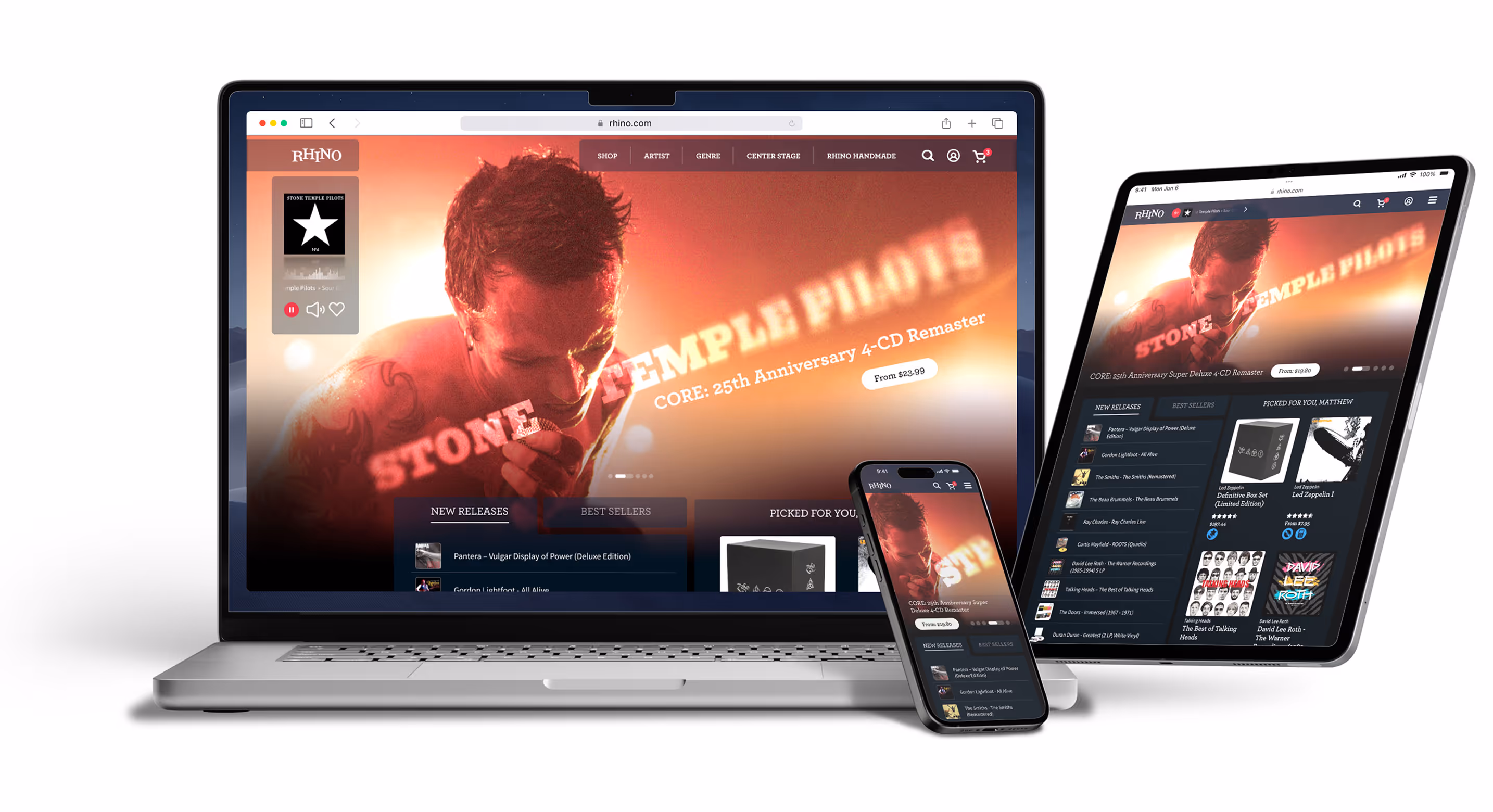 Rhino music website displayed on laptop, smartphone, and tablet screens featuring Stone Temple Pilots album promotion and music listings.