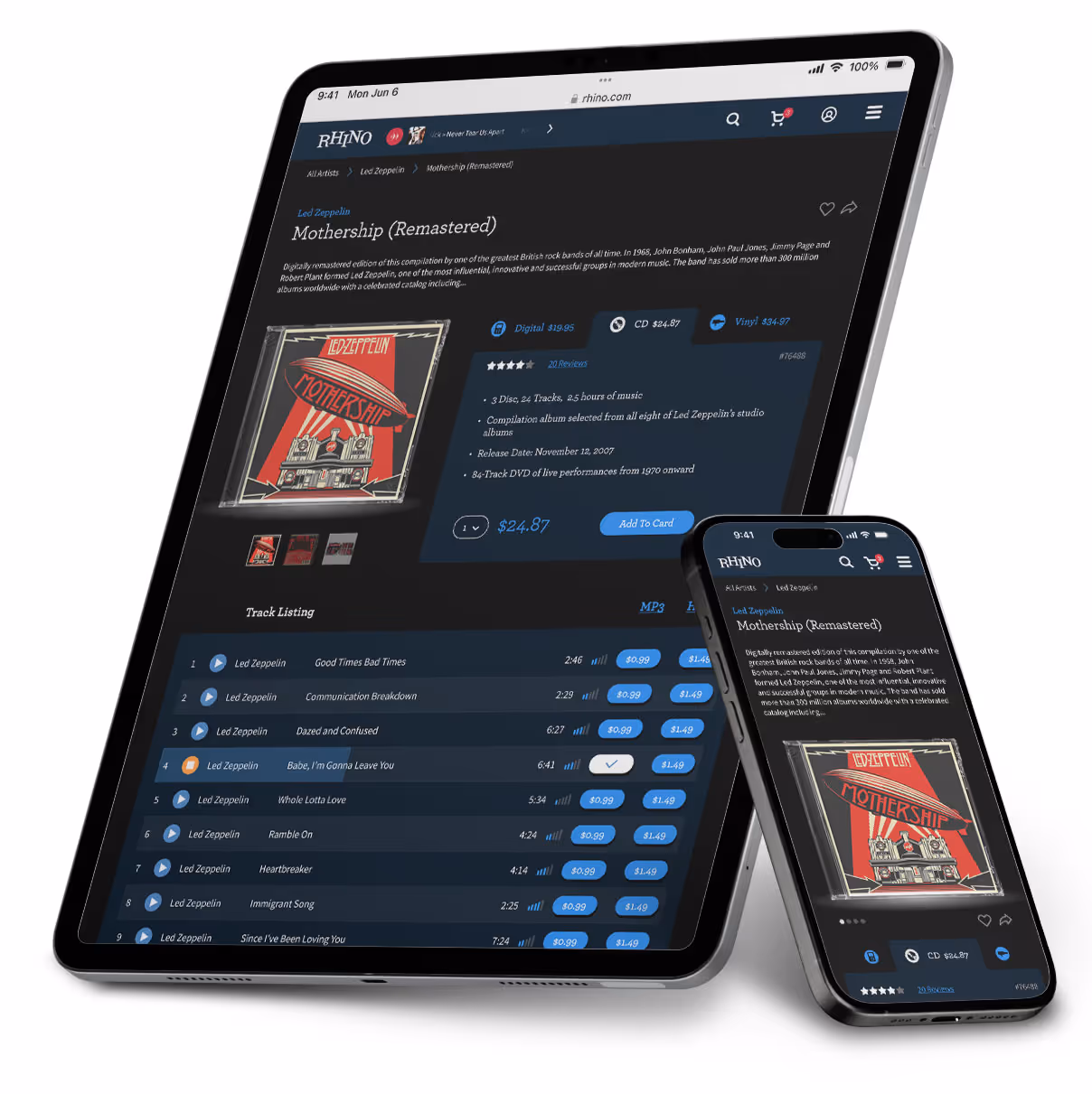 Tablet and smartphone showing a music store page for Led Zeppelin's Mothership (Remastered) album with track listings and purchase options.