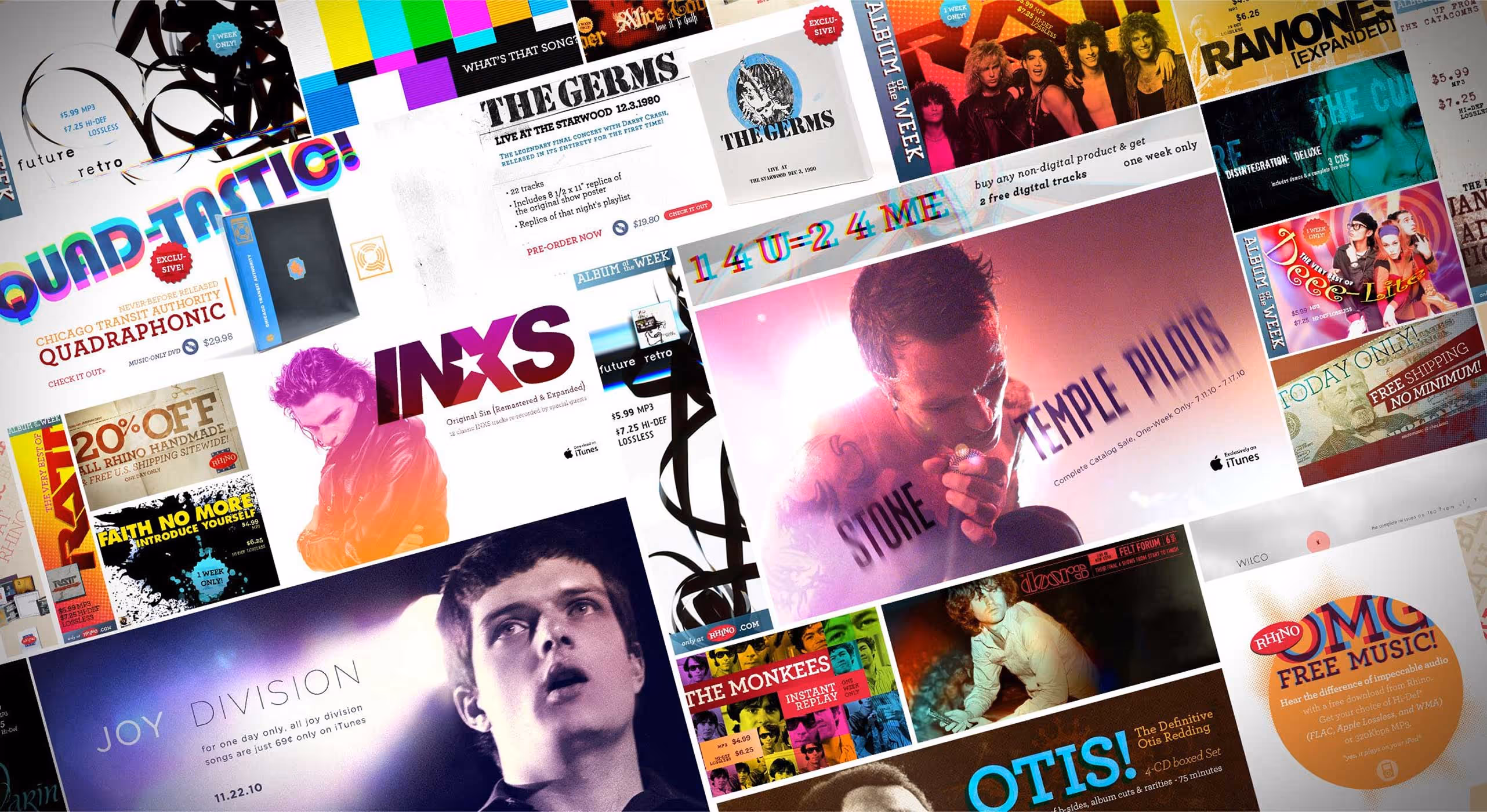 Collage of vintage music album covers and promotional ads featuring bands like INXS, Temple Pilots, The Germs, The Monkees, and others.