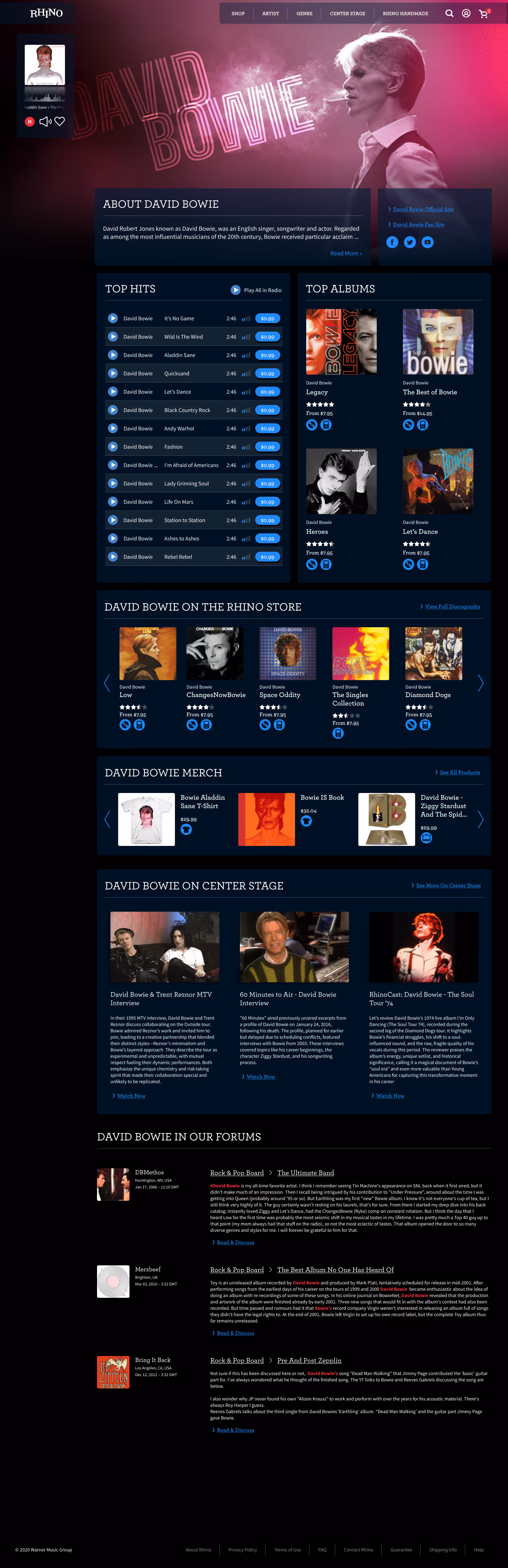 David Bowie profile with white hair blowing smoke on pink background, music player sidebar, top hits, albums, merch, interviews, and forum sections on dark-themed webpage.