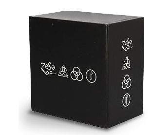Black box with white Led Zeppelin symbols and the word 'Zoso' on two visible sides.