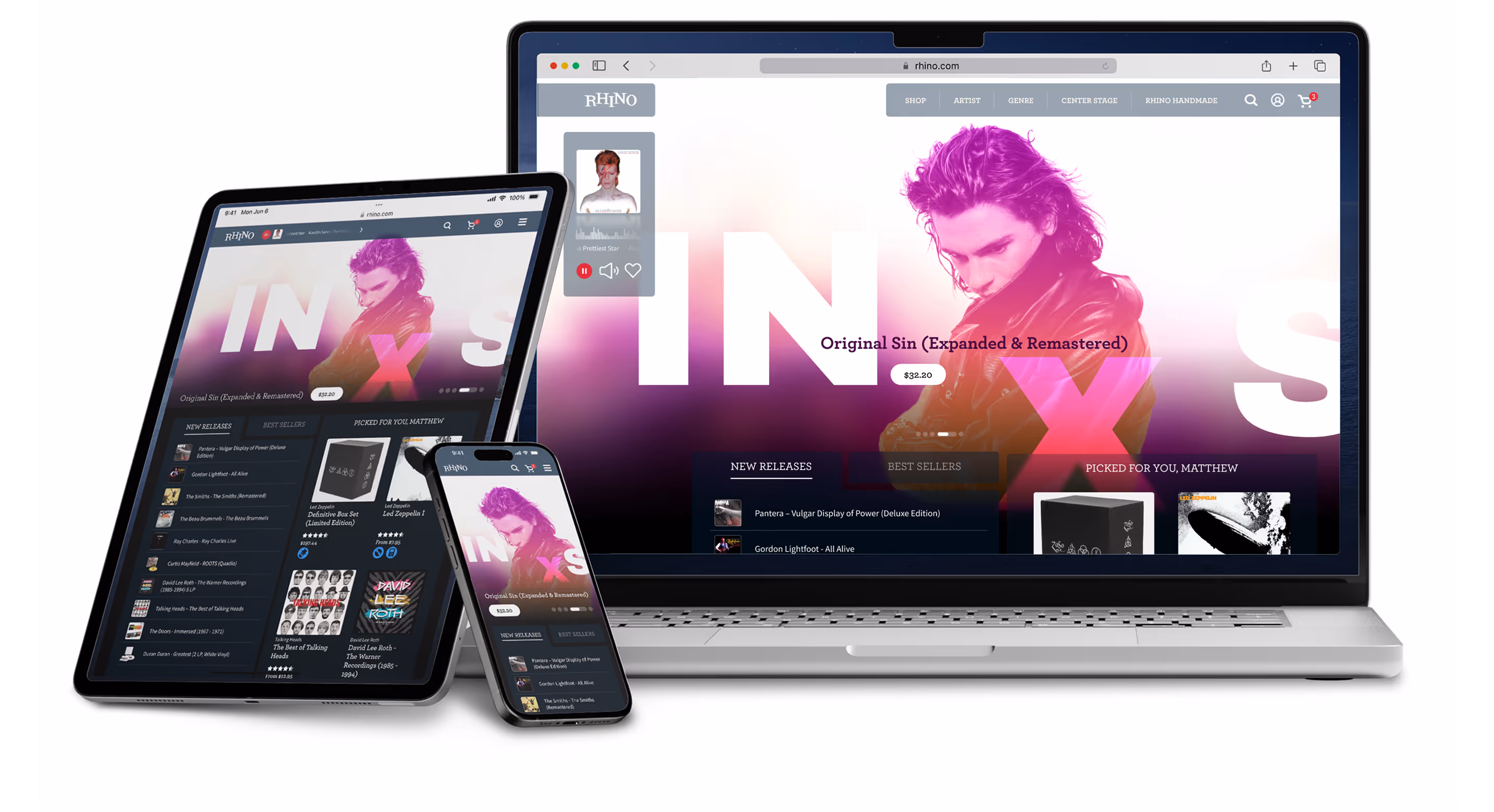 Laptop, tablet, and smartphone displaying the Rhino.com music store featuring the album 'Original Sin (Expanded & Remastered)'.