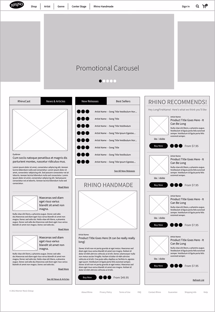 Wireframe layout of a music website homepage featuring a Rhino logo, navigation menu, promotional carousel, news & articles, new releases list, Rhino Handmade product section, and Rhino Recommends product listings with buy options.