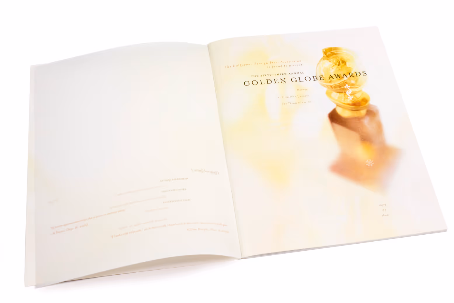 Open booklet featuring text about the 63rd Annual Golden Globe Awards and an image of the Golden Globe trophy.