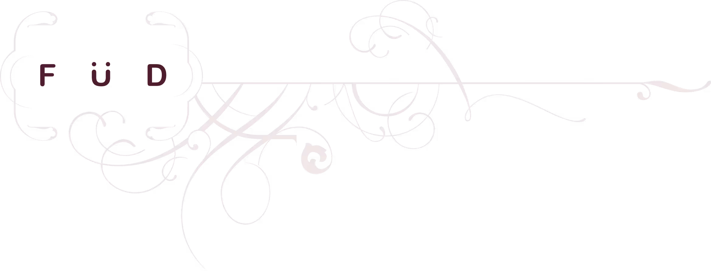 Stylized logo with the letters F, Ü, D enclosed in decorative brackets and ornate swirling flourishes extending to the right.