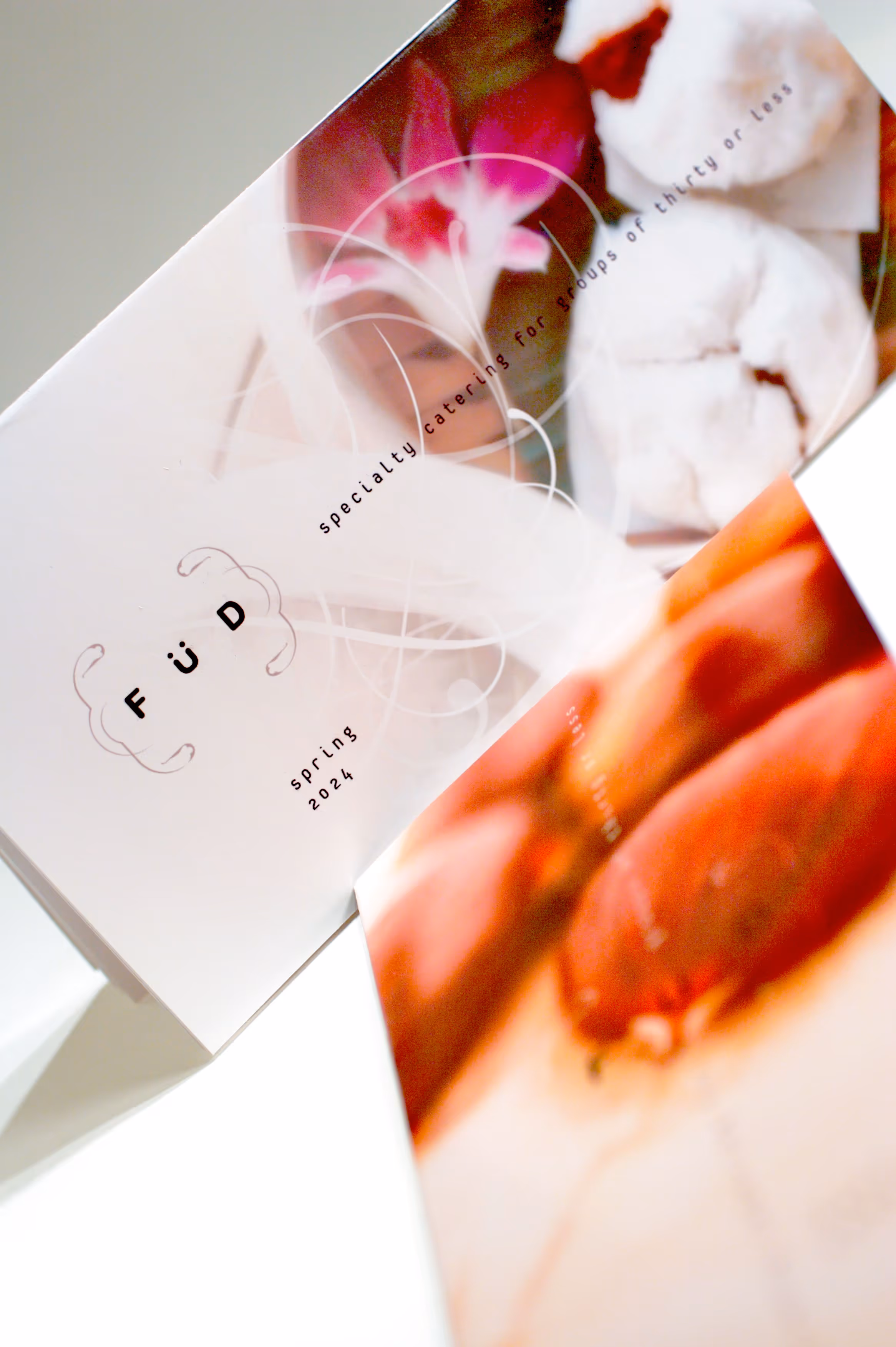 Brochure cover with the title 'FüD' and text about specialty catering for groups of thirty or less, featuring images of food items.